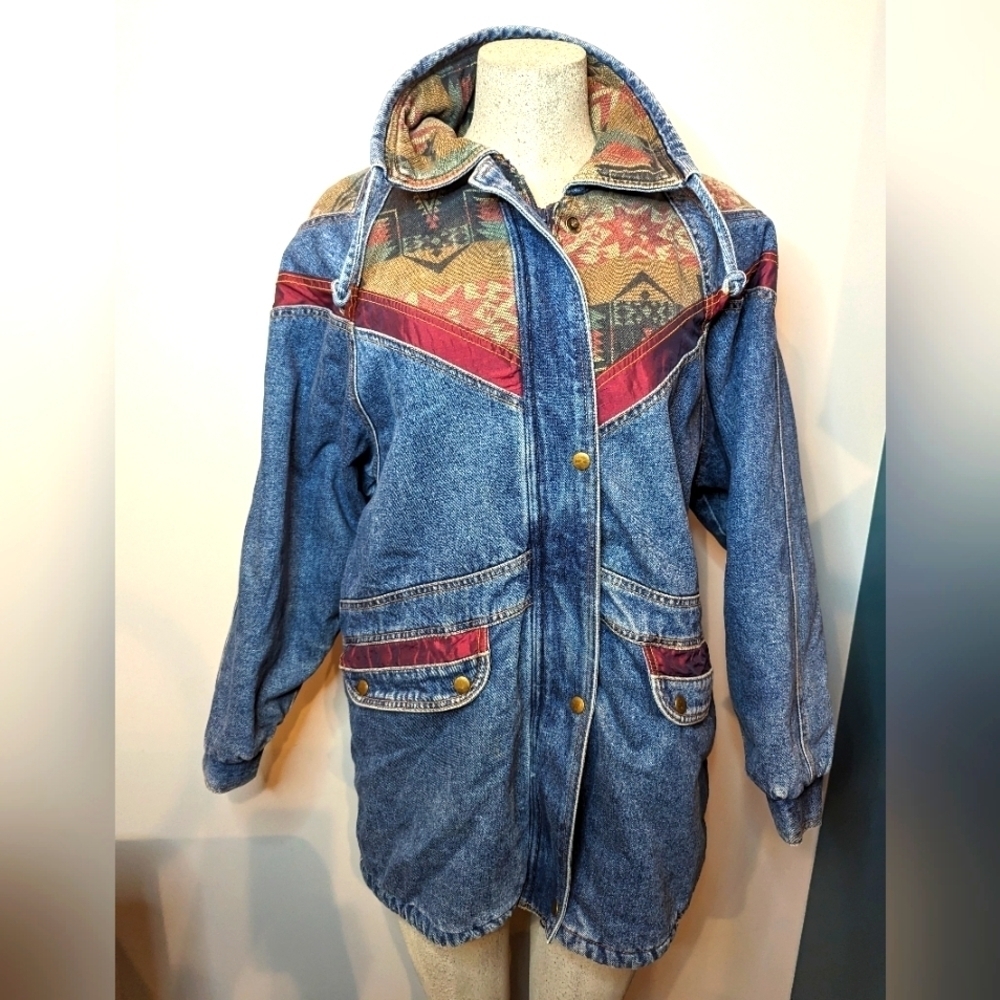 Vintage 80's Longline denim Jacket tapestry patchwork Jean jacket  Woman's M